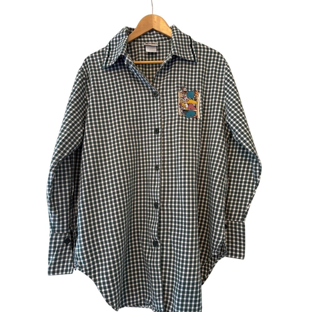 Walt Disney World Winnie the Pooh Gingham Button Down Shirt Green White Womens M